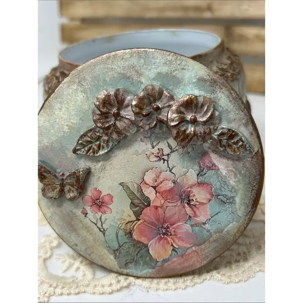 Vintage-Style Decorative Bird Floral Jewelry Jar - Mint & Pink